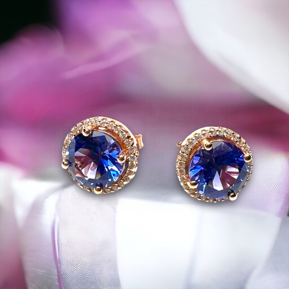 Tanzanite Halo Earrings Handcrafted 18K Rose Gold Vermeil , December Birthstone - Picture 1 of 7